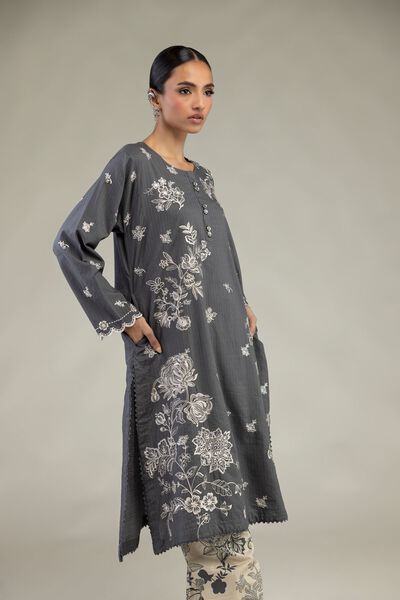 Embroidered | Cotton Dobby | Gray Longline Kurta | GBP 45.00