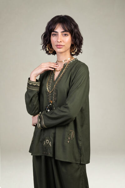 Embroidered | Viscose Crepe | V-Neck Olive Tunic | GBP 40.00