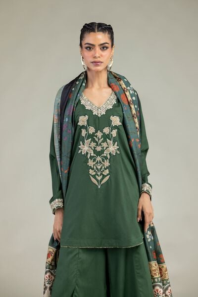 Embroidered | Raw Silk | Floral Green Kurta | GBP 45.00