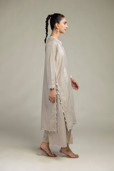 Raw Silk | Solid Beige Pants | GBP 25.00