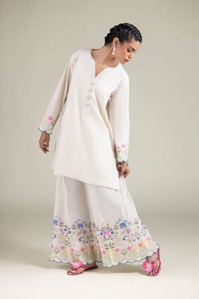 Embroidered | Textured Cotton | Floral Wide-Leg Pants | GBP 30.00