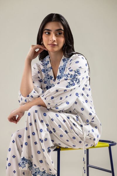 Embroidered | Viscose Crepe | Short White Blouse | GBP 30.00