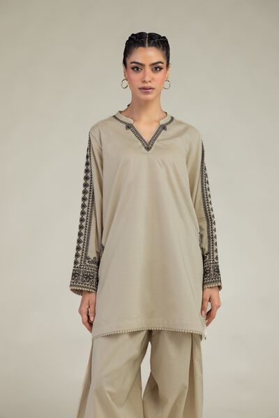 Embroidered | Cotton Dobby | Beige V-Neck Kurta | GBP 40.00