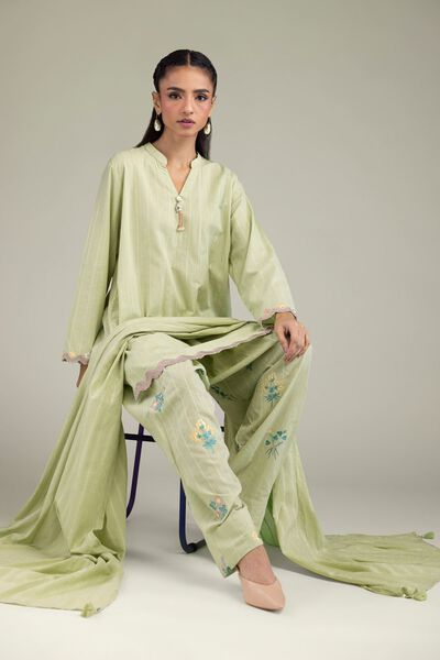 Embroidered | Textured Cotton | Cotton Band-Collar Kurta | GBP 40.00