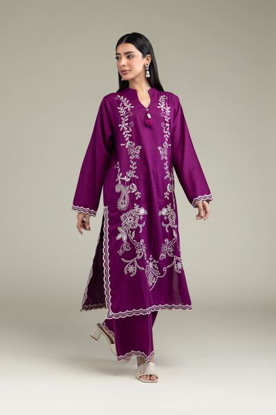 Embroidered | Cotton Dobby | Purple Cotton Pants | GBP 25.00
