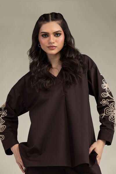 Embroidered | Poplin | Brown V-Neck Blouse | GBP 25.00