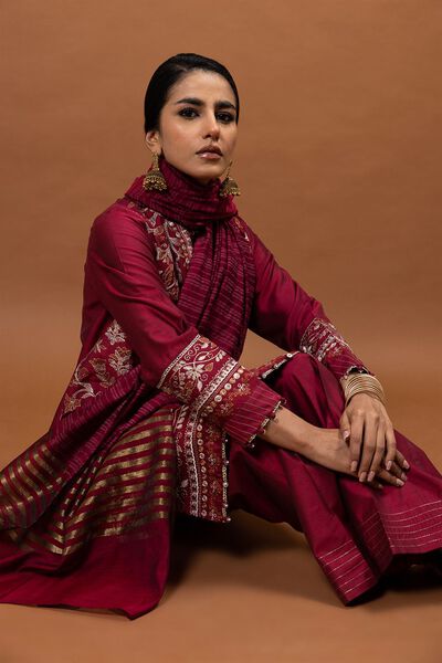 3 Piece Embroidered Raw Silk Suit