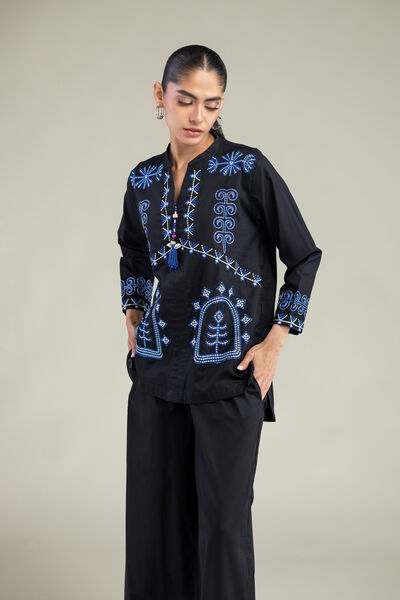 Embroidered | Cambric | Black V-neck Tunic | GBP 10.50