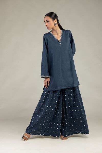 Textured Cotton | Embroidered | Navy Cotton Pants | GBP 35.00