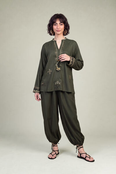 Embroidered | Viscose Crepe | Solid Olive Trousers | GBP 30.00