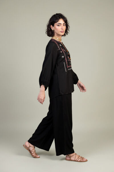 Embroidered | Viscose Crepe | Black Viscose Trousers | GBP 30.00