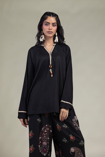 Embroidered | Viscose Crepe | Black V-Neck Tunic | GBP 35.00