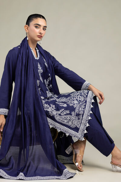 Raw Silk | Navy Floral Kurta | GBP 65.00