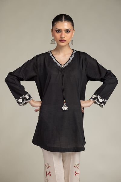 Embroidered | Cotton Dobby | Black V-Neck Kurta | GBP 25.00