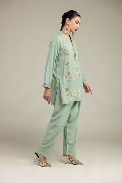 Embroidered | Raw Silk | Floral Mint Shalwar | GBP 25.00