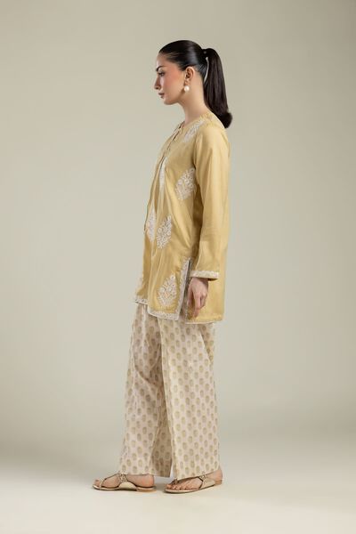 Embroidered | Textured Weave | Beige Printed Pants | GBP 20.00