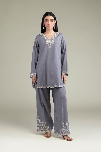 Embroidered | Cotton Dobby | Gray Floral Pants | GBP 30.00