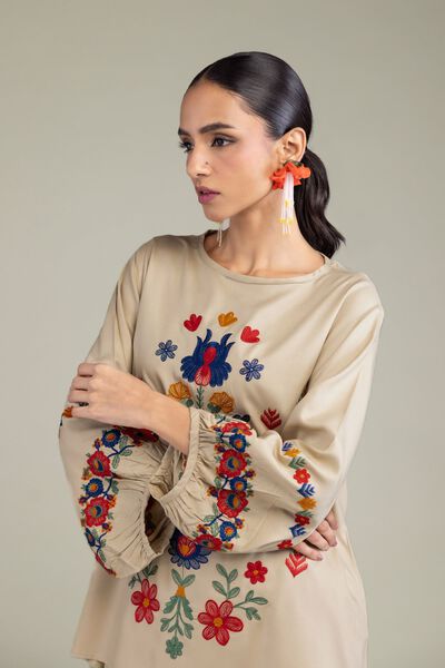 Embroidered | Viscose Crepe | Floral Beige Blouse | GBP 30.00