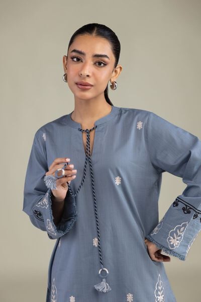 Textured Cotton | Embroidered | Blue Cotton Kurta | GBP 35.00