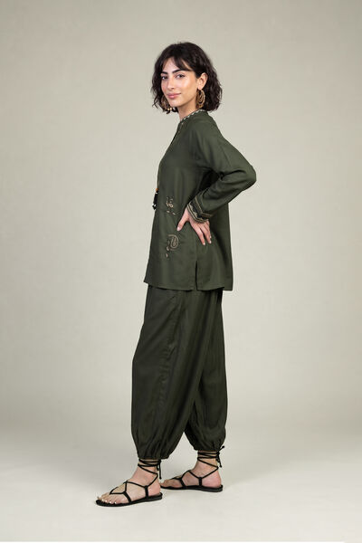 Embroidered | Viscose Crepe | Solid Olive Trousers | GBP 30.00