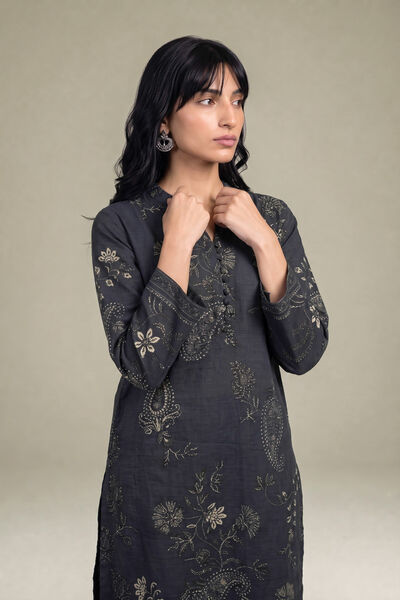 Printed | Light Khaddar | Black V-Neck Kurta | GBP 35.00
