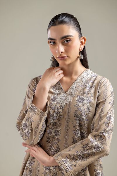 Embroidered | Cotton Dobby | Beige V-Neck Kurta | GBP 12.50