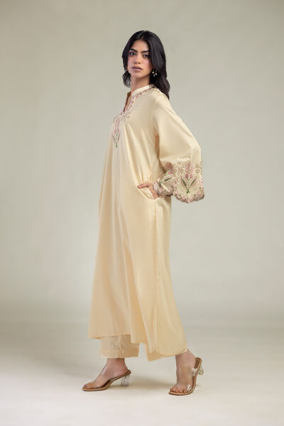 Embroidered | Cambric | Solid Beige Pants | GBP 25.00