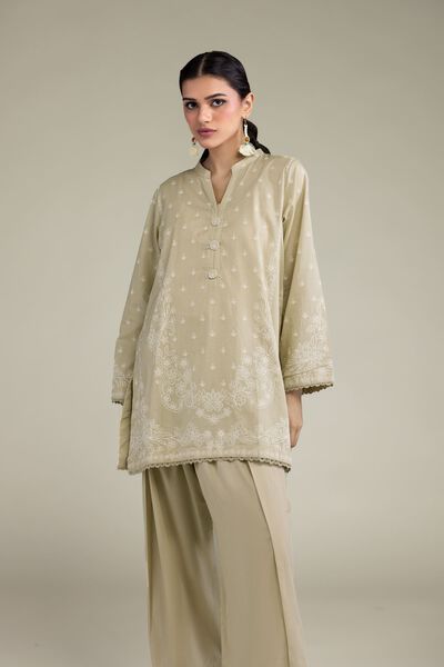 Printed | Cambric | Beige Band-Collar Kurta | GBP 15.00