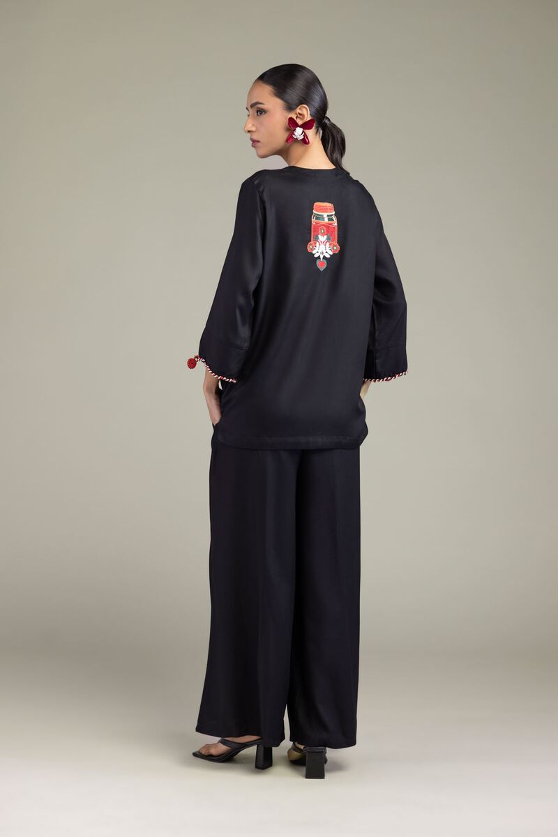 Embroidered | Viscose Crepe | Black Round-Neck Tunic | GBP 30.00