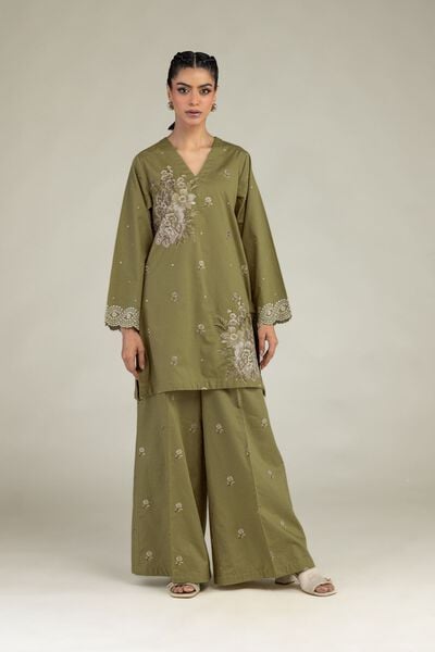 Embroidered | Cotton Dobby | Floral Olive Pants | GBP 25.00