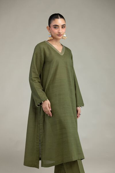 Dyed | Textured Cotton | Olive V-Neck Kurta | GBP 30.00