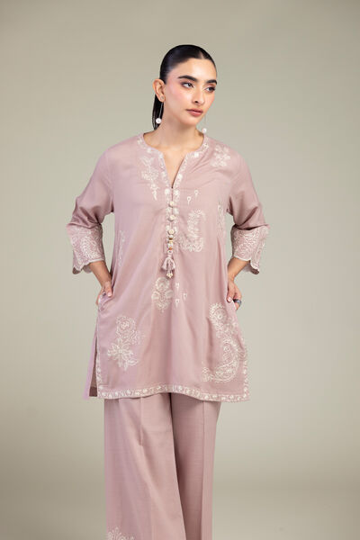 Embroidered | Raw Silk | V-Neck Pink Kurta | GBP 45.00