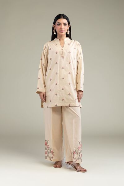 Embroidered | Cambric | Floral Beige Pants | GBP 20.00