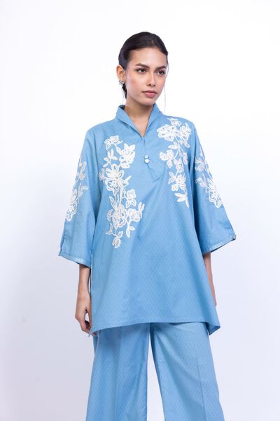 Embroidered | Cotton Dobby | Floral Blue Kurta | GBP 30.00
