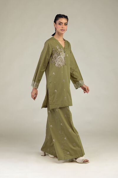 Embroidered | Cotton Dobby | Floral Olive Pants | GBP 25.00