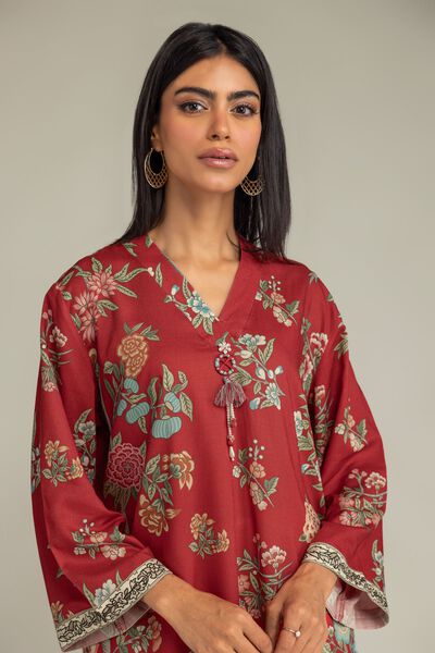 Printed | Raw Silk | Floral Red Kurta | GBP 17.50