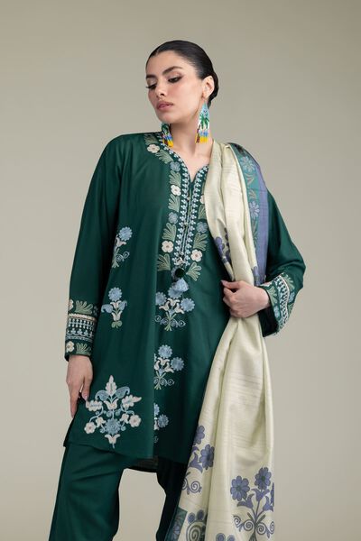 Embroidered | Raw Silk | Green V-Neck Kurta | GBP 40.00