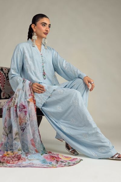 Embroidered | Raw Silk | Blue Floral Kurta | GBP 50.00