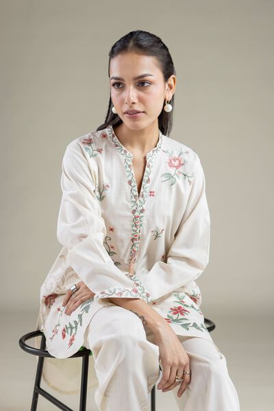 Embroidered | Textured Cambric | Floral V-Neck Kurta | GBP 30.00