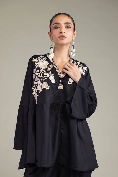 Embroidered | Viscose Crepe | Black V-Neck Blouse | GBP 30.00