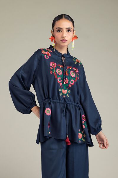 Embroidered | Viscose Crepe | Floral Navy Tunic | GBP 30.00