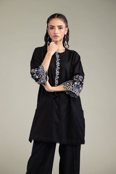 Embroidered | Textured Cotton | Black Cotton Kurta | GBP 35.00