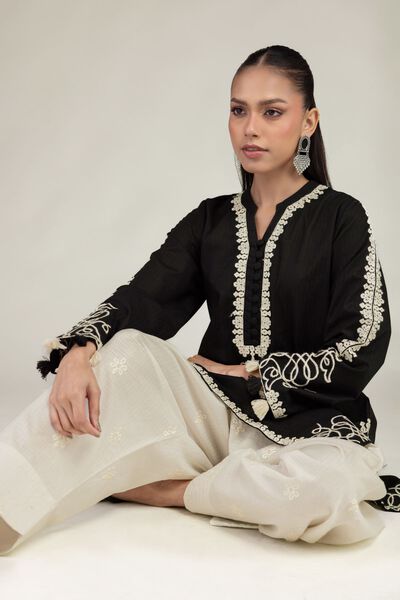 Embroidered | Cotton Dobby | Black Floral Kurta | GBP 30.00