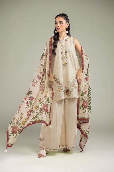 Embroidered | Textured Cotton | Beige Sleeveless Kurta | GBP 40.00