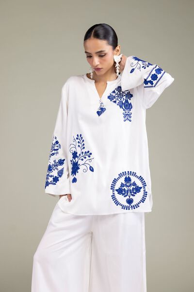 Embroidered | Viscose Crepe | Floral White Tunic | GBP 30.00