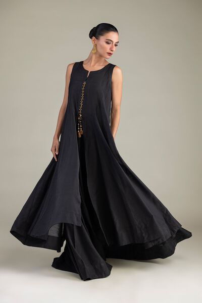 Dyed | Textured Raw Silk | Black Sleeveless Kurta | GBP 45.00