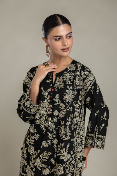 Embroidered | Raw Silk | Black Floral Kurta | GBP 70.00
