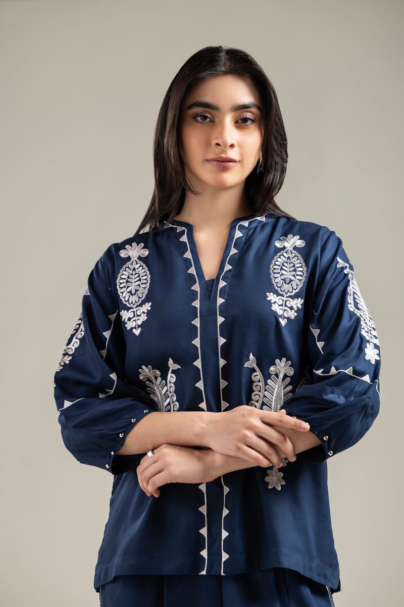Embroidered | Viscose Crepe | Embroidered Navy Blouse | GBP 30.00