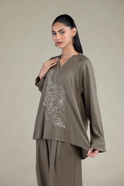 Embroidered | Viscose Crepe | Olive V-Neck Tunic | GBP 25.00