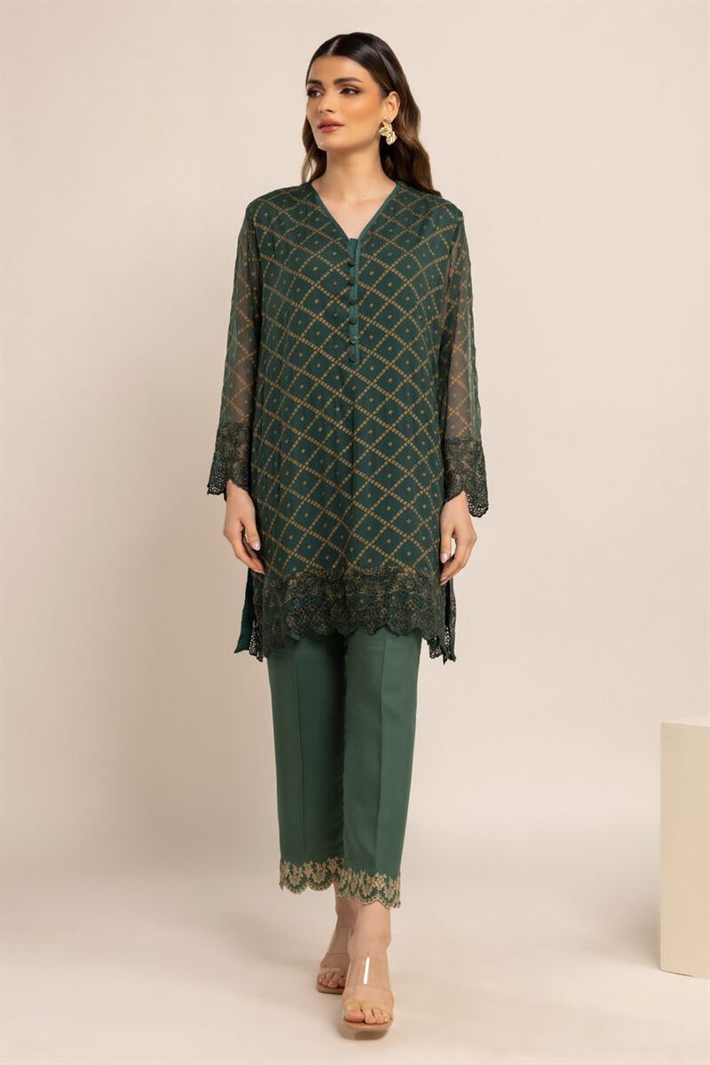 Printed Embroidered Kurta, GREEN, hi-res image number null
